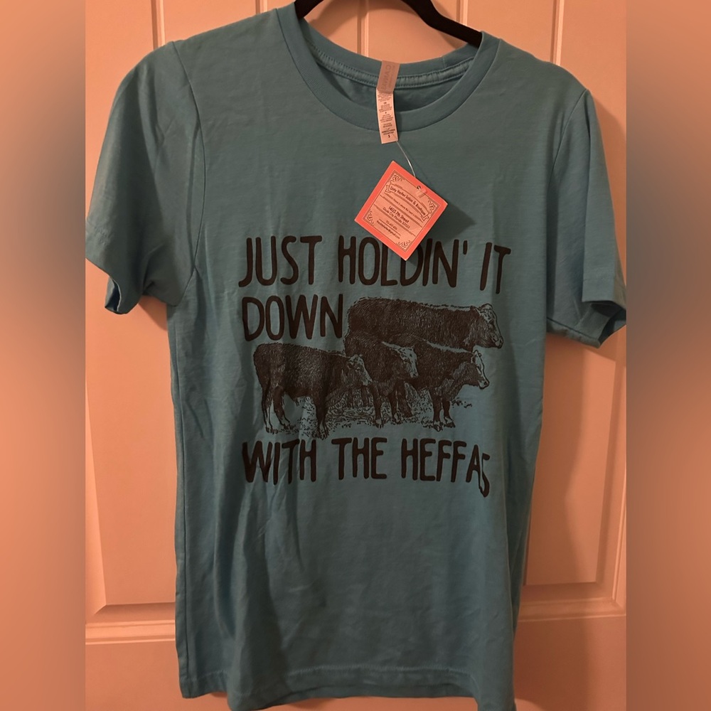 NWT just holding it down with the heffas cow t-shirt, blue with black print